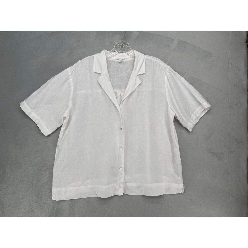 Eileen Fisher Button Up Women L White Organic Linen Short Sleeve Camp Shirt SEO